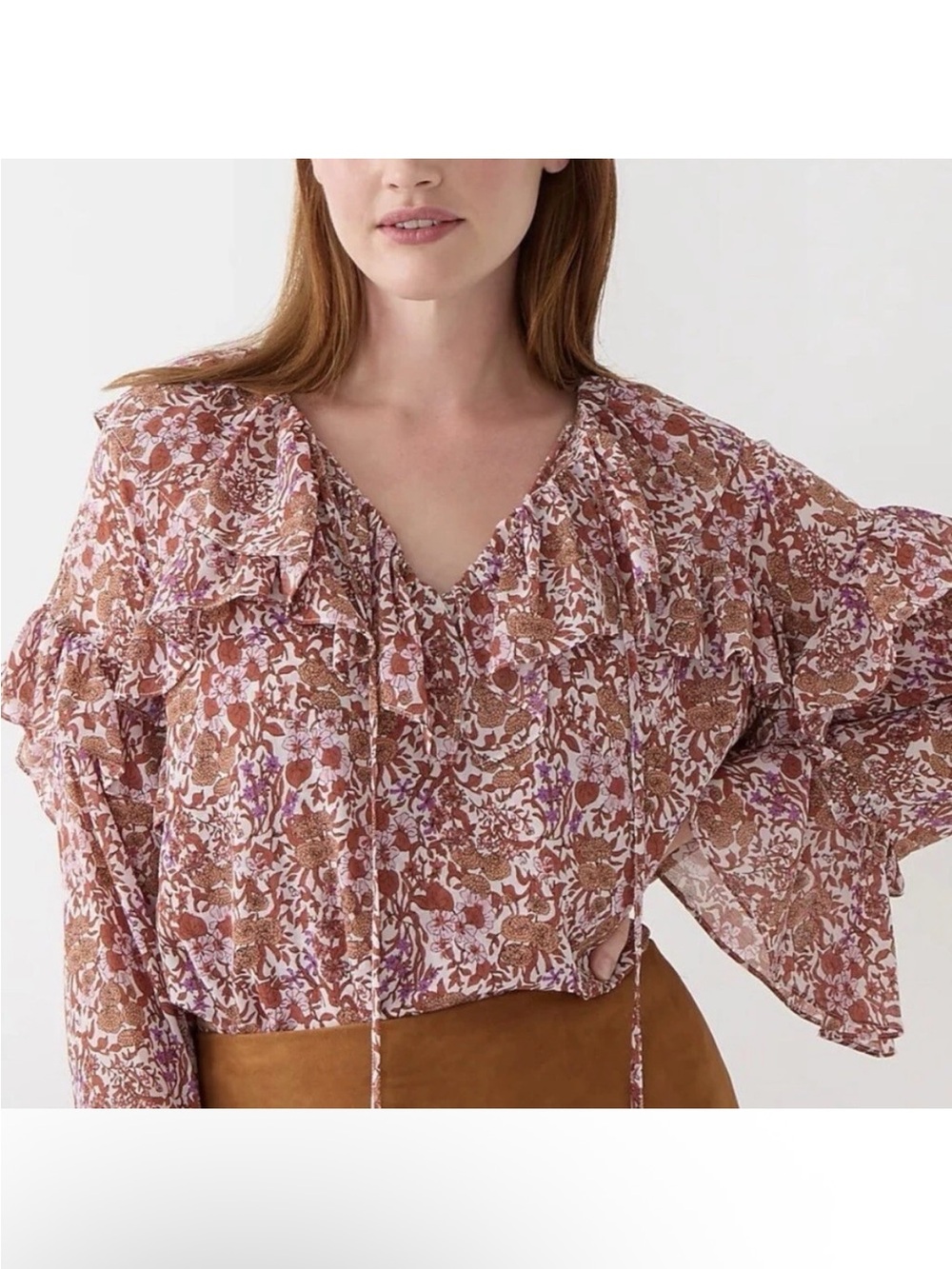 J. Crew Rust-Pink Floral Ruffle Blouse